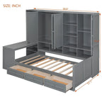 Wooden Daybed Frame All-in-One Bookcase Captains Bed with Storage Cabinet, Wardrobe, Side Writing Desk and 3 Bottom Drawers