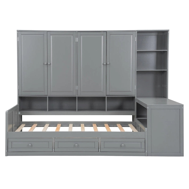 Wooden Daybed Frame All-in-One Bookcase Captains Bed with Storage Cabinet, Wardrobe, Side Writing Desk and 3 Bottom Drawers