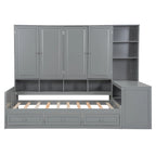 Wooden Daybed Frame All-in-One Bookcase Captains Bed with Storage Cabinet, Wardrobe, Side Writing Desk and 3 Bottom Drawers