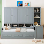 Wooden Daybed Frame All-in-One Bookcase Captains Bed with Storage Cabinet, Wardrobe, Side Writing Desk and 3 Bottom Drawers