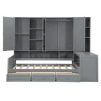 Wooden Daybed Frame All-in-One Bookcase Captains Bed with Storage Cabinet, Wardrobe, Side Writing Desk and 3 Bottom Drawers