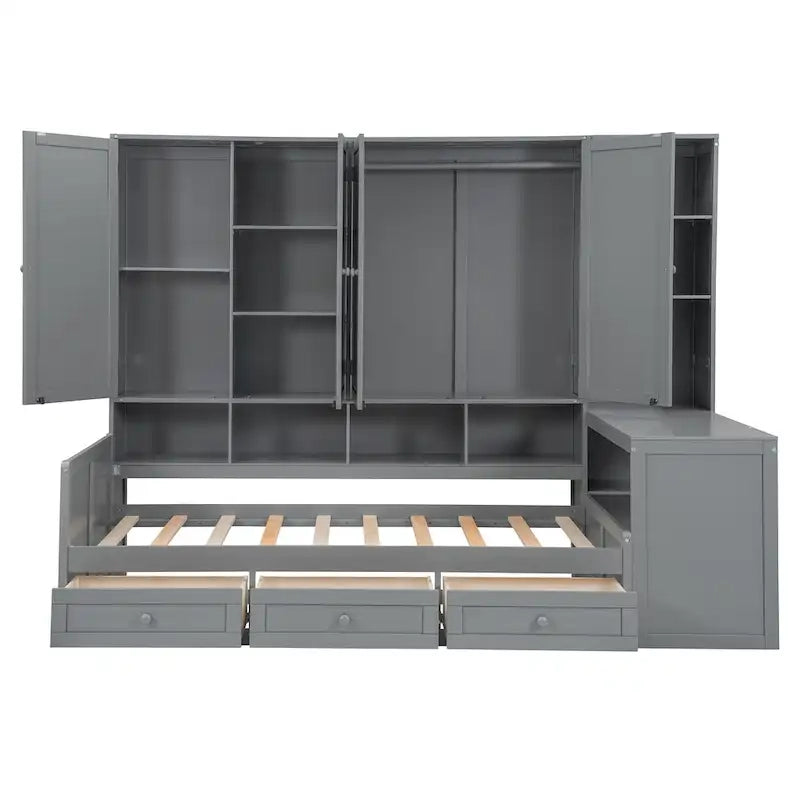 Wooden Daybed Frame All-in-One Bookcase Captains Bed with Storage Cabinet, Wardrobe, Side Writing Desk and 3 Bottom Drawers