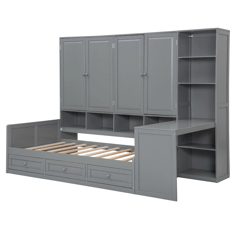 Wooden Daybed Frame All-in-One Bookcase Captains Bed with Storage Cabinet, Wardrobe, Side Writing Desk and 3 Bottom Drawers