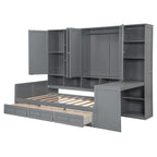 Wooden Daybed Frame All-in-One Bookcase Captains Bed with Storage Cabinet, Wardrobe, Side Writing Desk and 3 Bottom Drawers