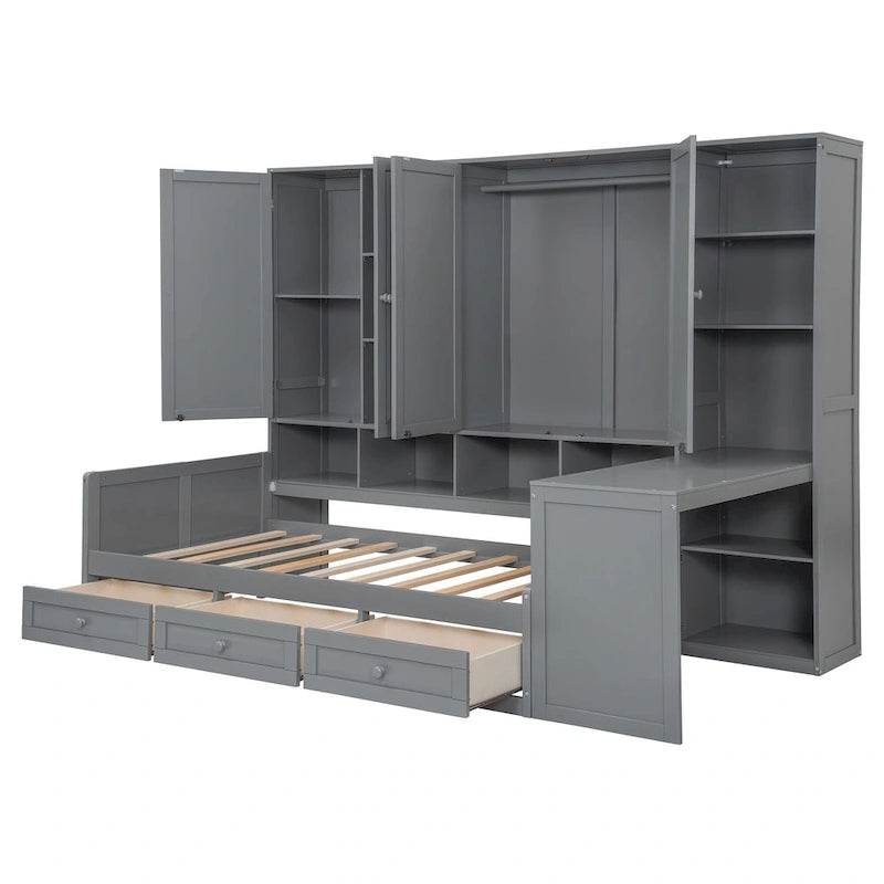 Wooden Daybed Frame All-in-One Bookcase Captains Bed with Storage Cabinet, Wardrobe, Side Writing Desk and 3 Bottom Drawers