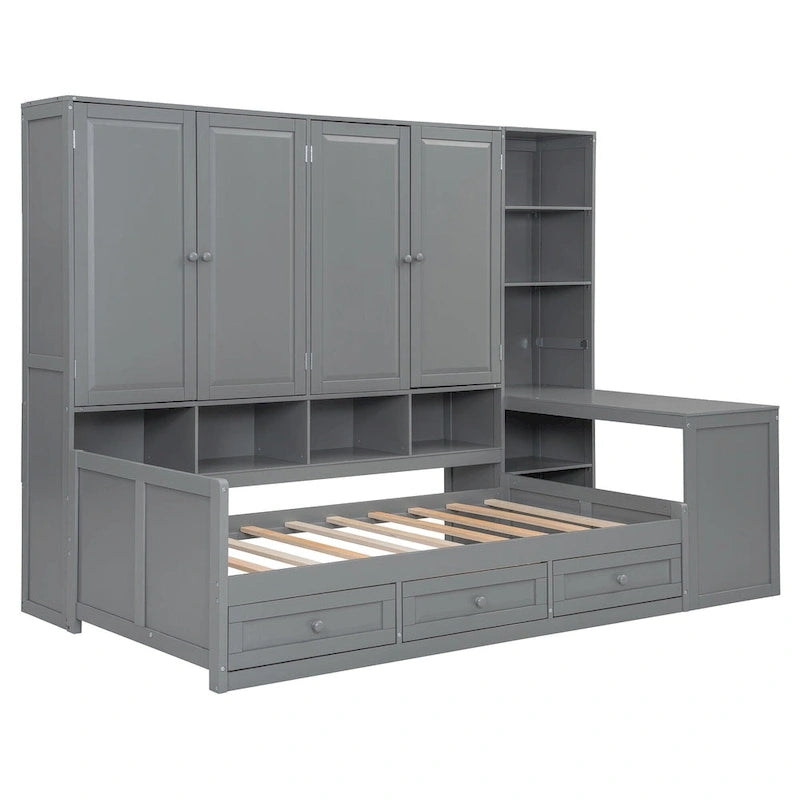 Wooden Daybed Frame All-in-One Bookcase Captains Bed with Storage Cabinet, Wardrobe, Side Writing Desk and 3 Bottom Drawers