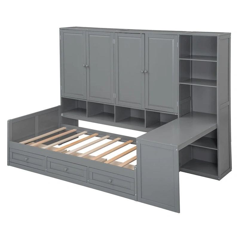 Wooden Daybed Frame All-in-One Bookcase Captains Bed with Storage Cabinet, Wardrobe, Side Writing Desk and 3 Bottom Drawers