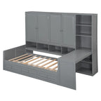 Wooden Daybed Frame All-in-One Bookcase Captains Bed with Storage Cabinet, Wardrobe, Side Writing Desk and 3 Bottom Drawers