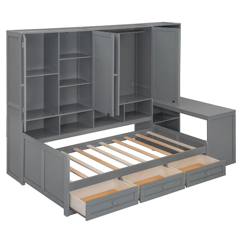 Wooden Daybed Frame All-in-One Bookcase Captains Bed with Storage Cabinet, Wardrobe, Side Writing Desk and 3 Bottom Drawers