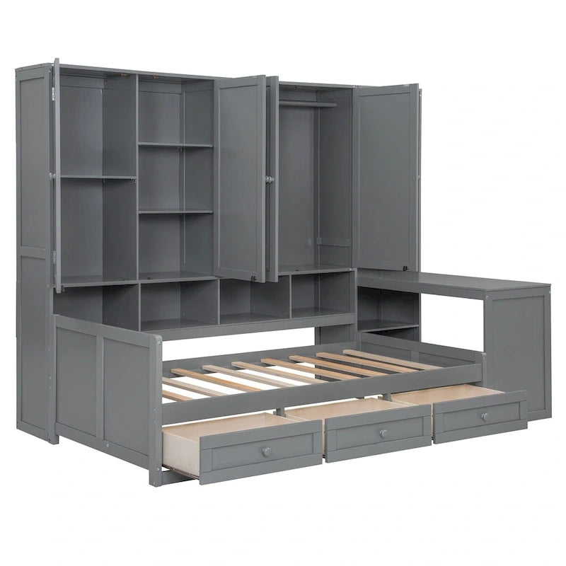 Wooden Daybed Frame All-in-One Bookcase Captains Bed with Storage Cabinet, Wardrobe, Side Writing Desk and 3 Bottom Drawers