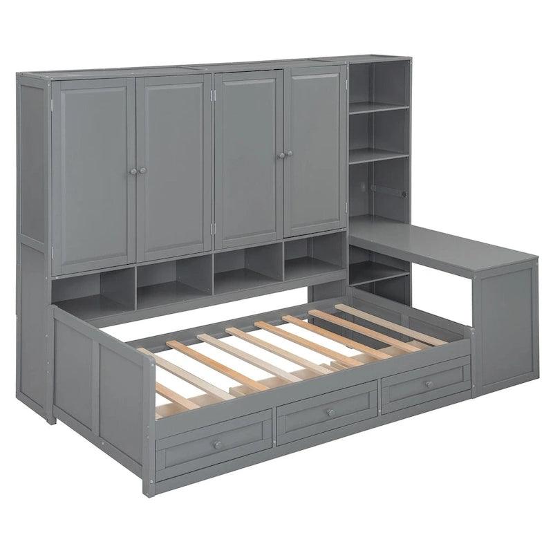 Wooden Daybed Frame All-in-One Bookcase Captains Bed with Storage Cabinet, Wardrobe, Side Writing Desk and 3 Bottom Drawers
