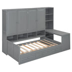 Wooden Daybed Frame All-in-One Bookcase Captains Bed with Storage Cabinet, Wardrobe, Side Writing Desk and 3 Bottom Drawers