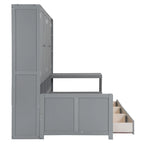 Wooden Daybed Frame All-in-One Bookcase Captains Bed with Storage Cabinet, Wardrobe, Side Writing Desk and 3 Bottom Drawers