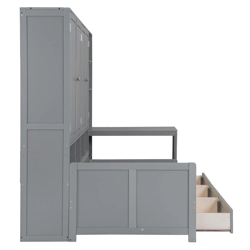 Wooden Daybed Frame All-in-One Bookcase Captains Bed with Storage Cabinet, Wardrobe, Side Writing Desk and 3 Bottom Drawers