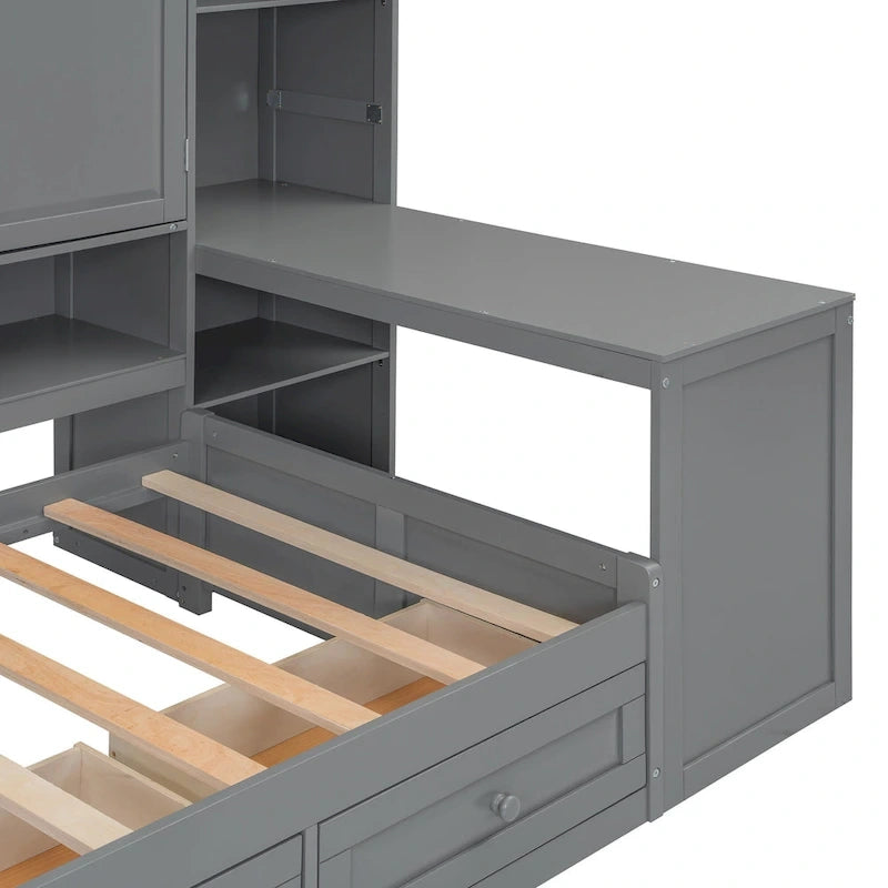 Wooden Daybed Frame All-in-One Bookcase Captains Bed with Storage Cabinet, Wardrobe, Side Writing Desk and 3 Bottom Drawers