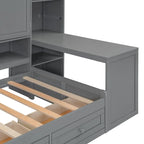 Wooden Daybed Frame All-in-One Bookcase Captains Bed with Storage Cabinet, Wardrobe, Side Writing Desk and 3 Bottom Drawers