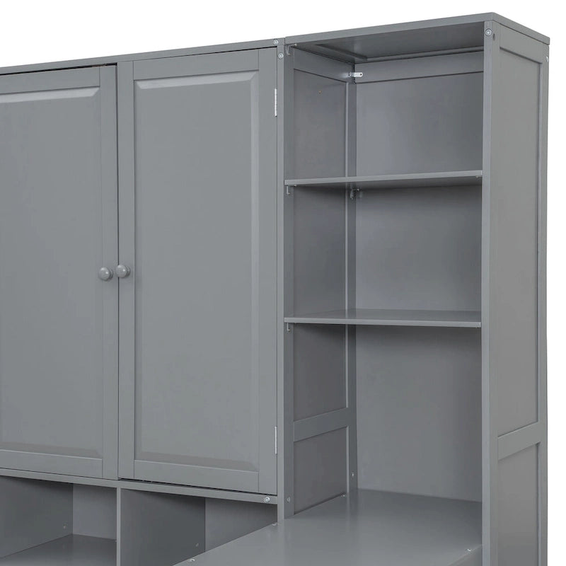 Wooden Daybed Frame All-in-One Bookcase Captains Bed with Storage Cabinet, Wardrobe, Side Writing Desk and 3 Bottom Drawers