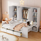 Wooden Daybed Frame All-in-One Bookcase Captains Bed with Storage Cabinet, Wardrobe, Side Writing Desk and 3 Bottom Drawers
