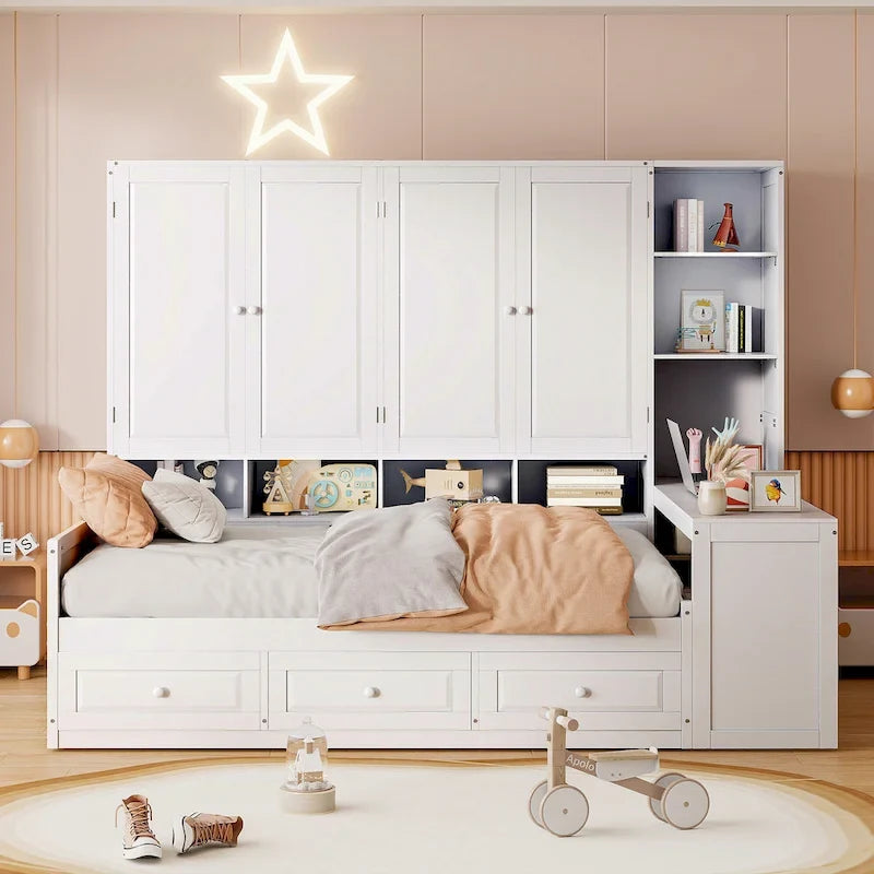 Wooden Daybed Frame All-in-One Bookcase Captains Bed with Storage Cabinet, Wardrobe, Side Writing Desk and 3 Bottom Drawers