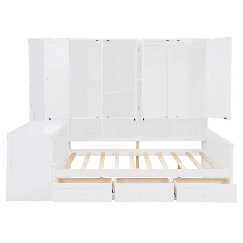 Wooden Daybed Frame All-in-One Bookcase Captains Bed with Storage Cabinet, Wardrobe, Side Writing Desk and 3 Bottom Drawers