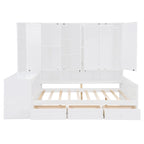 Wooden Daybed Frame All-in-One Bookcase Captains Bed with Storage Cabinet, Wardrobe, Side Writing Desk and 3 Bottom Drawers