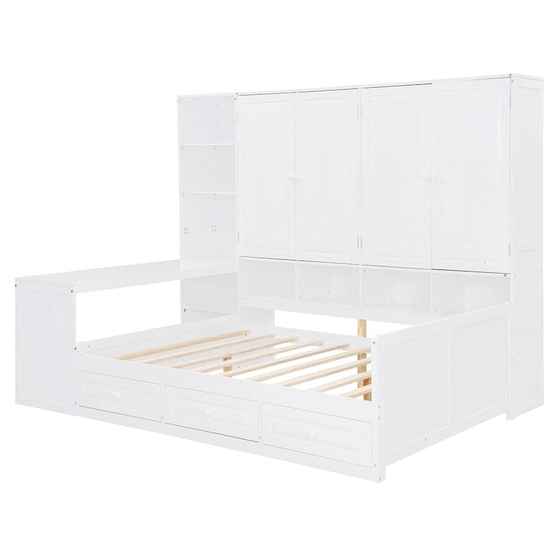 Wooden Daybed Frame All-in-One Bookcase Captains Bed with Storage Cabinet, Wardrobe, Side Writing Desk and 3 Bottom Drawers