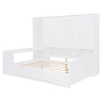 Wooden Daybed Frame All-in-One Bookcase Captains Bed with Storage Cabinet, Wardrobe, Side Writing Desk and 3 Bottom Drawers