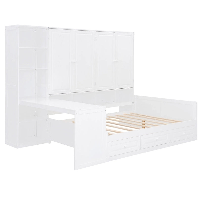 Wooden Daybed Frame All-in-One Bookcase Captains Bed with Storage Cabinet, Wardrobe, Side Writing Desk and 3 Bottom Drawers