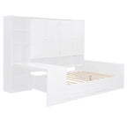 Wooden Daybed Frame All-in-One Bookcase Captains Bed with Storage Cabinet, Wardrobe, Side Writing Desk and 3 Bottom Drawers