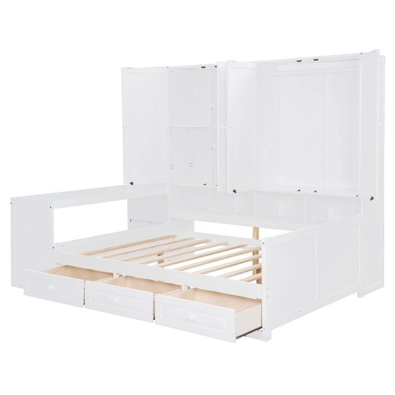 Wooden Daybed Frame All-in-One Bookcase Captains Bed with Storage Cabinet, Wardrobe, Side Writing Desk and 3 Bottom Drawers