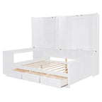 Wooden Daybed Frame All-in-One Bookcase Captains Bed with Storage Cabinet, Wardrobe, Side Writing Desk and 3 Bottom Drawers