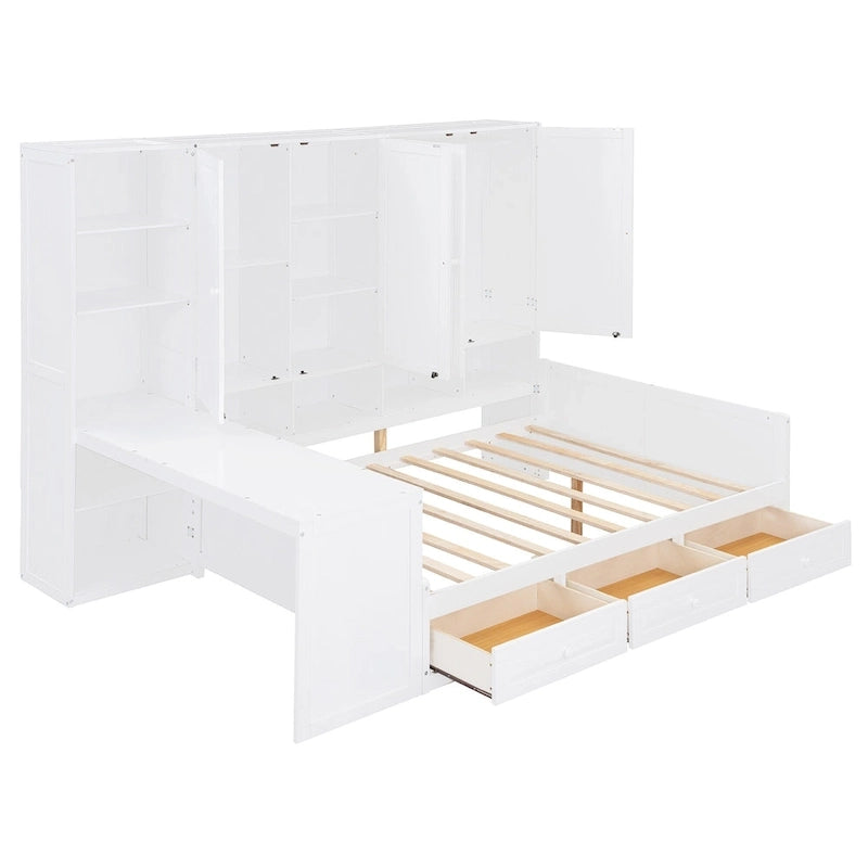 Wooden Daybed Frame All-in-One Bookcase Captains Bed with Storage Cabinet, Wardrobe, Side Writing Desk and 3 Bottom Drawers