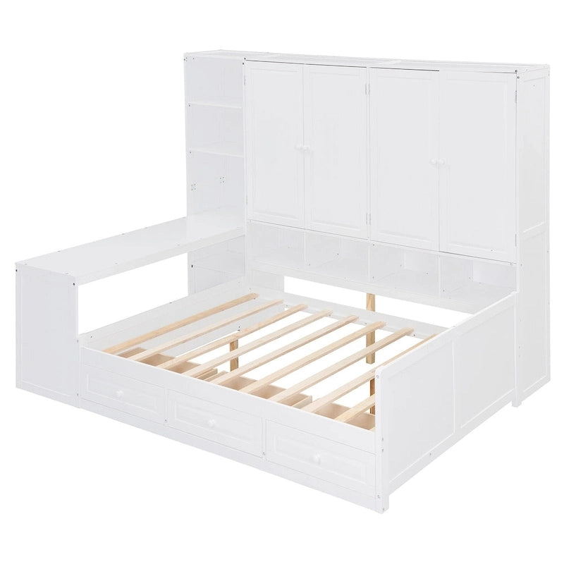 Wooden Daybed Frame All-in-One Bookcase Captains Bed with Storage Cabinet, Wardrobe, Side Writing Desk and 3 Bottom Drawers