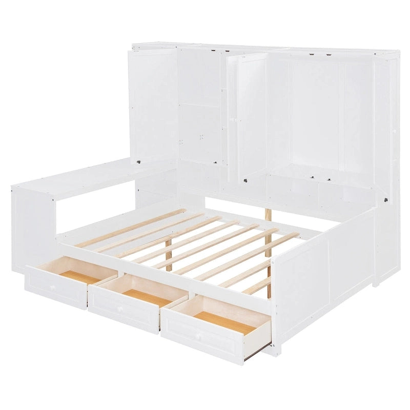 Wooden Daybed Frame All-in-One Bookcase Captains Bed with Storage Cabinet, Wardrobe, Side Writing Desk and 3 Bottom Drawers