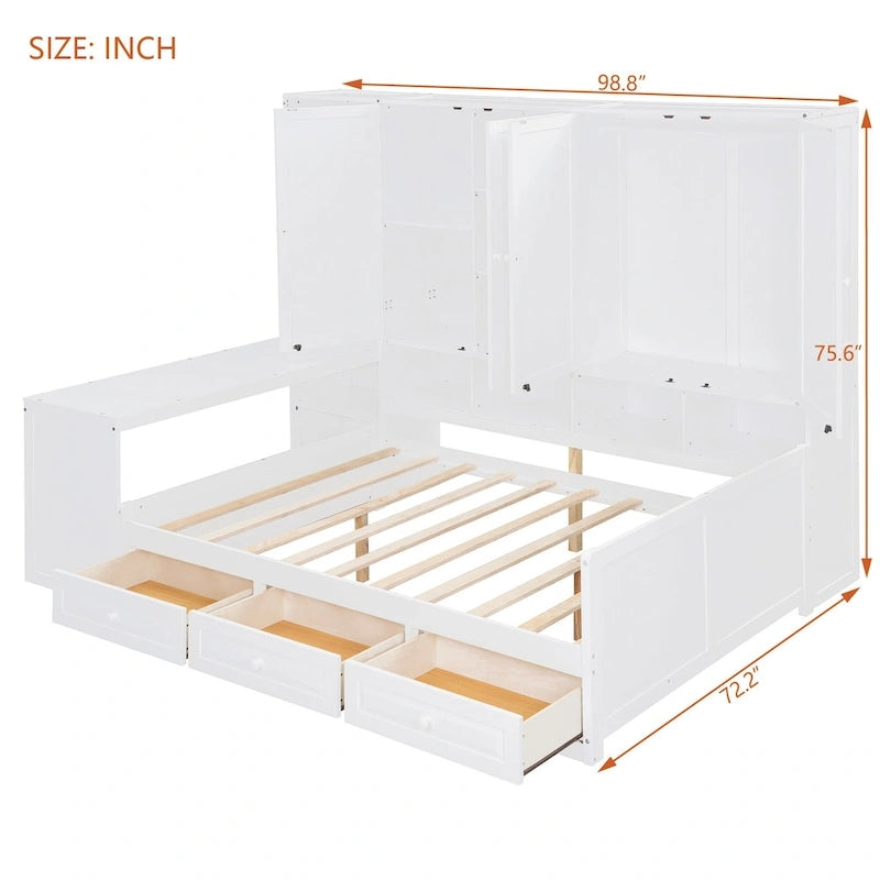Wooden Daybed Frame All-in-One Bookcase Captains Bed with Storage Cabinet, Wardrobe, Side Writing Desk and 3 Bottom Drawers