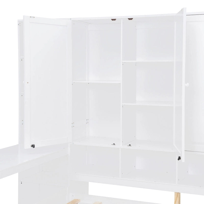 Wooden Daybed Frame All-in-One Bookcase Captains Bed with Storage Cabinet, Wardrobe, Side Writing Desk and 3 Bottom Drawers