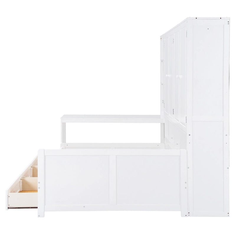 Wooden Daybed Frame All-in-One Bookcase Captains Bed with Storage Cabinet, Wardrobe, Side Writing Desk and 3 Bottom Drawers
