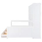 Wooden Daybed Frame All-in-One Bookcase Captains Bed with Storage Cabinet, Wardrobe, Side Writing Desk and 3 Bottom Drawers