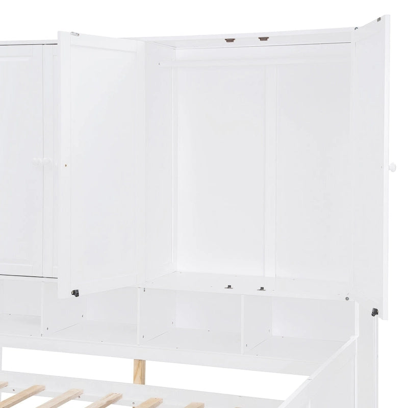 Wooden Daybed Frame All-in-One Bookcase Captains Bed with Storage Cabinet, Wardrobe, Side Writing Desk and 3 Bottom Drawers