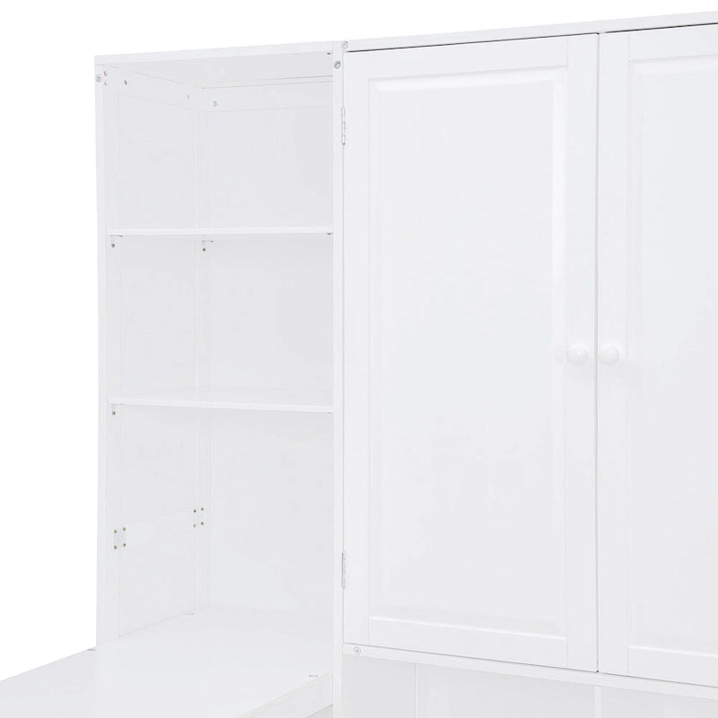 Wooden Daybed Frame All-in-One Bookcase Captains Bed with Storage Cabinet, Wardrobe, Side Writing Desk and 3 Bottom Drawers