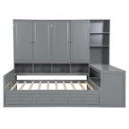 Wooden Daybed Frame All-in-One Bookcase Captains Bed with Storage Cabinet, Wardrobe, Side Writing Desk and 3 Bottom Drawers