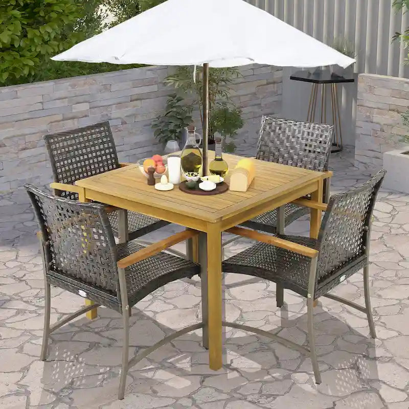 Gymax 5 PCS Patio Dining Set Acacia Wood Table w/ 1.9 Umbrella Hole