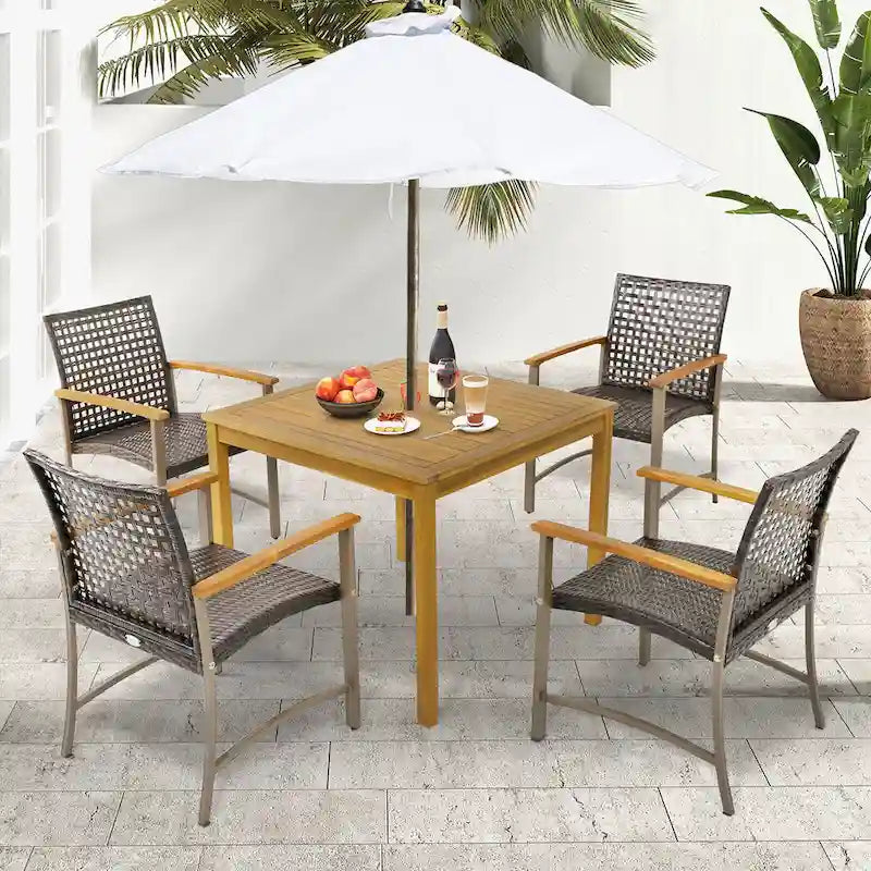 Gymax 5 PCS Patio Dining Set Acacia Wood Table w/ 1.9 Umbrella Hole