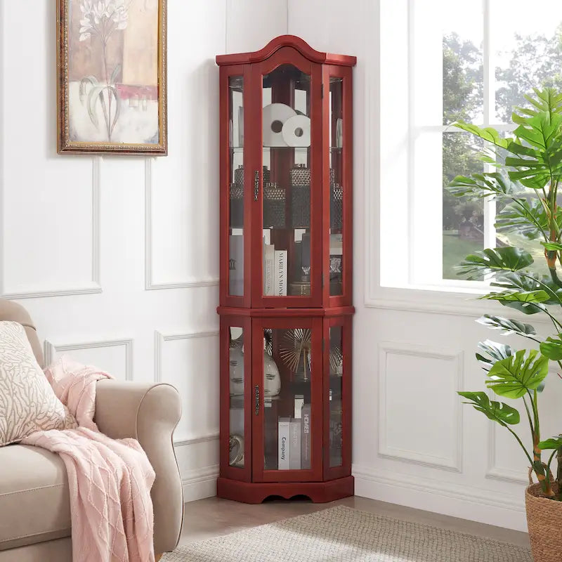 Lighted Corner Curio Cabinet with Tempered Glass Doors & Shelves - Elegant Cherry Display Case with Bulb