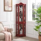 Lighted Corner Curio Cabinet with Tempered Glass Doors & Shelves - Elegant Cherry Display Case with Bulb