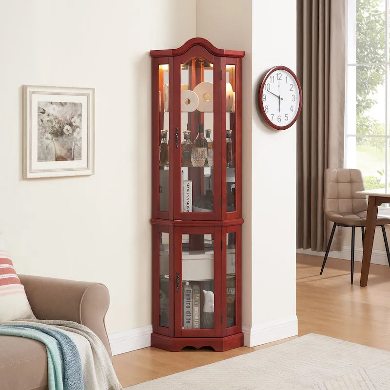 Lighted Corner Curio Cabinet with Tempered Glass Doors & Shelves - Elegant Cherry Display Case with Bulb