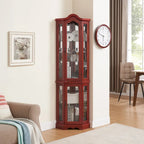 Lighted Corner Curio Cabinet with Tempered Glass Doors & Shelves - Elegant Cherry Display Case with Bulb