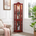 Lighted Corner Curio Cabinet with Tempered Glass Doors & Shelves - Elegant Cherry Display Case with Bulb