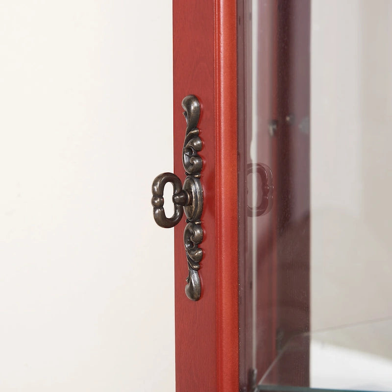 Lighted Corner Curio Cabinet with Tempered Glass Doors & Shelves - Elegant Cherry Display Case with Bulb