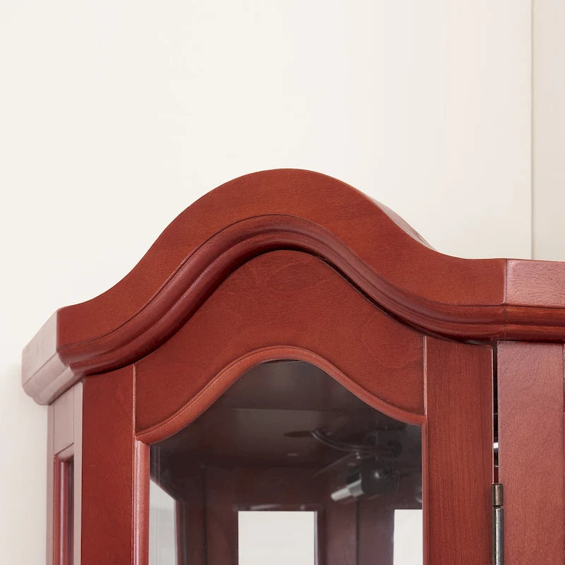 Lighted Corner Curio Cabinet with Tempered Glass Doors & Shelves - Elegant Cherry Display Case with Bulb